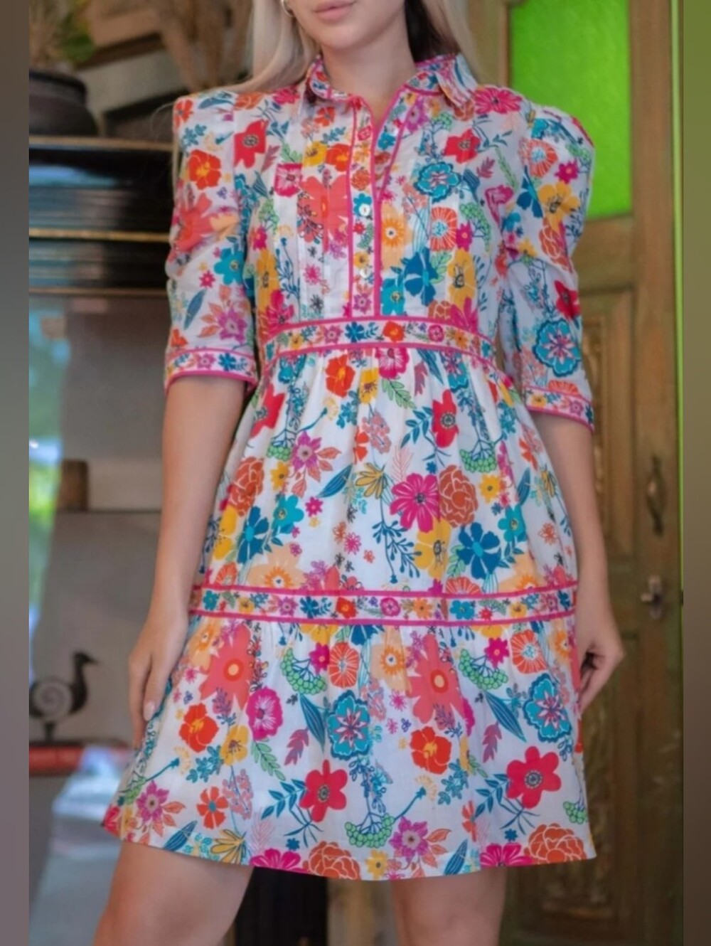Sohana (Sz M) Multicolor Floral PuffSS Midi Dress in White, Pink & Yellow Blooms - Picture 15 of 15